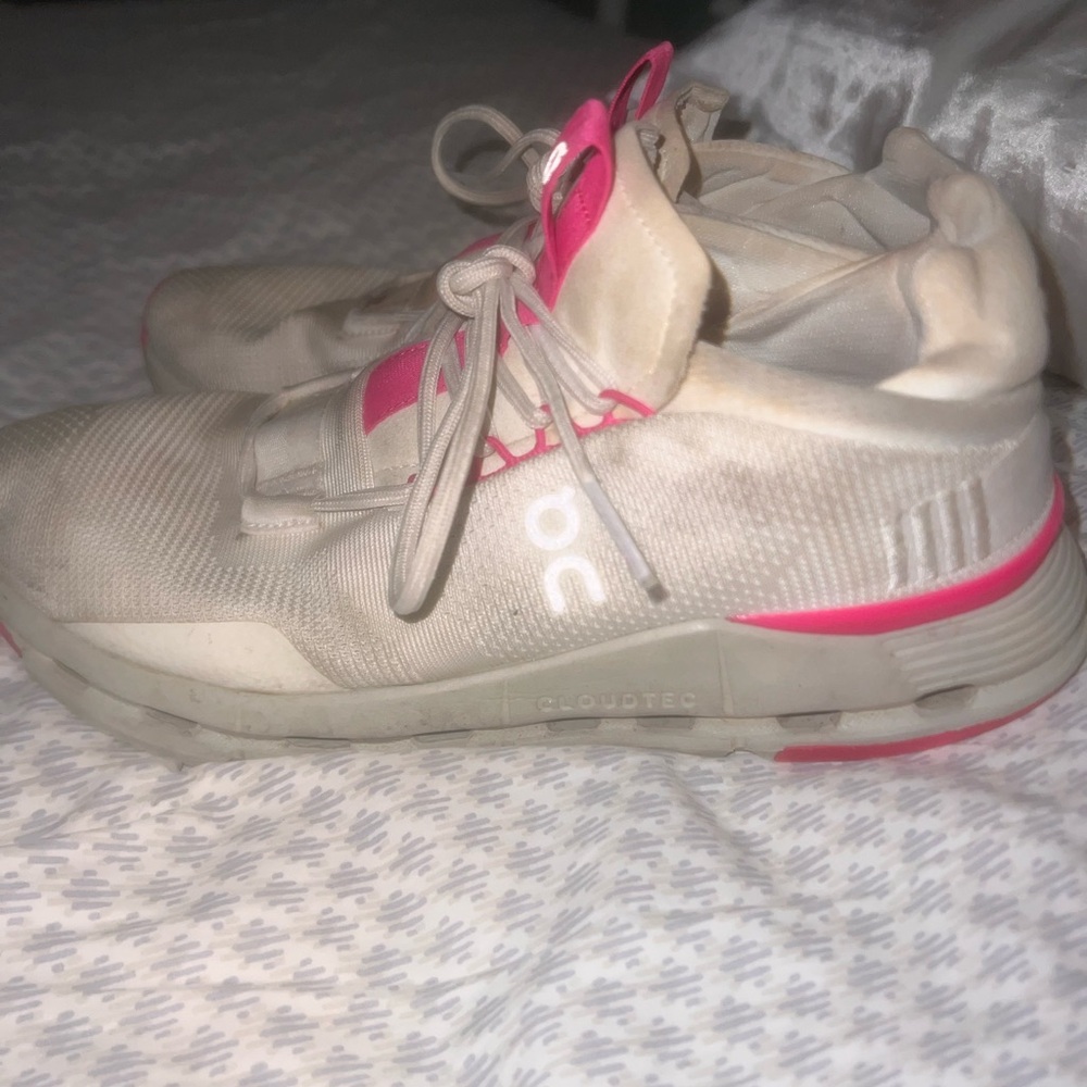 On Running Beige and Pink Sneakers